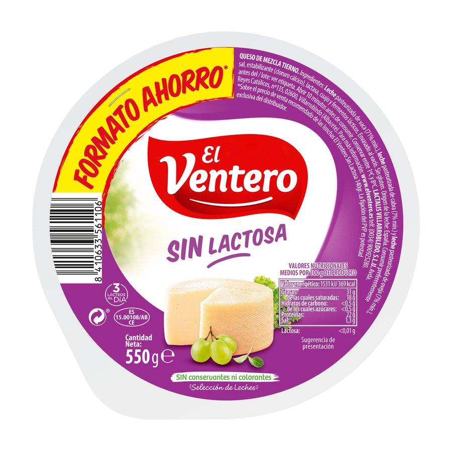 Queso tierno EL VENTERO sin lactosa mini 550 g