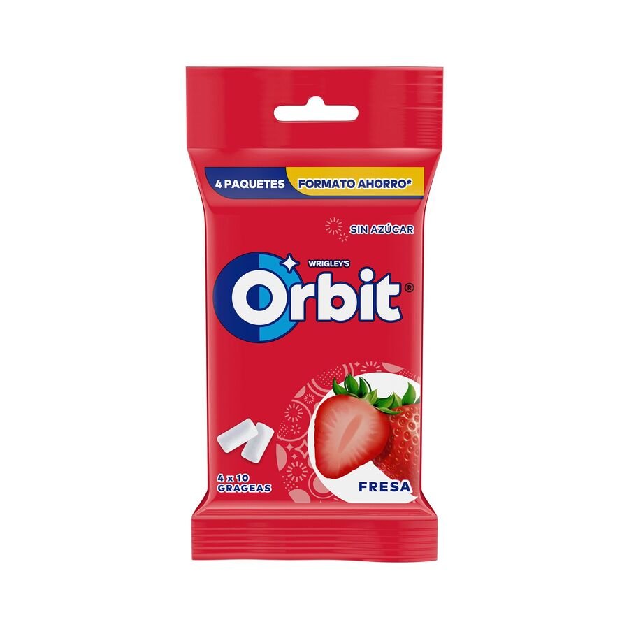 Chicle ORBIT fresa sin azúcar grageas blister 4 unidades