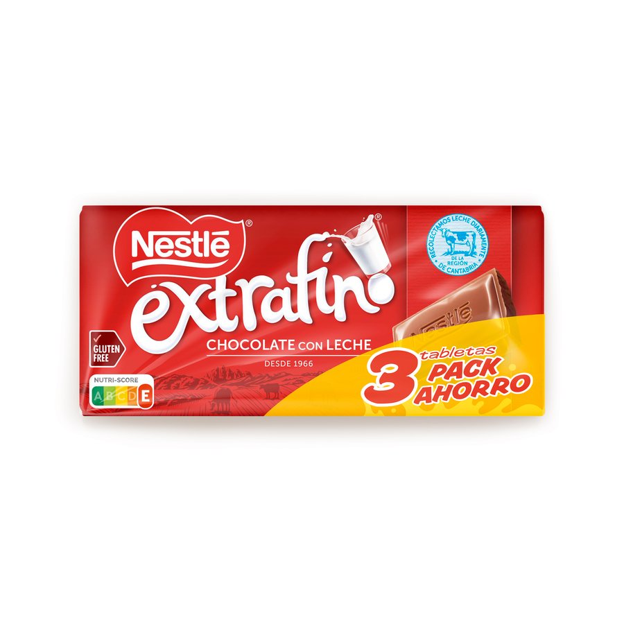 Chocolate con leche NESTLE extrafino pack 3x125 g