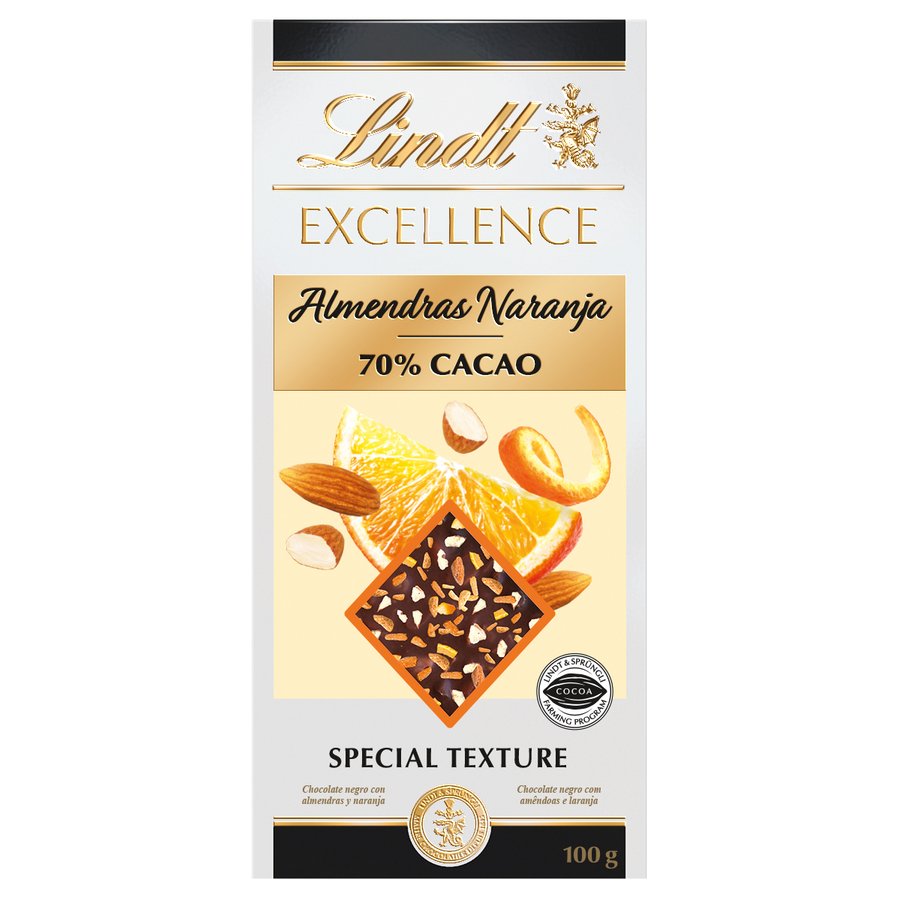 Chocolate LINDT Excellence noir 70% cacao naranja-almendra 100 g