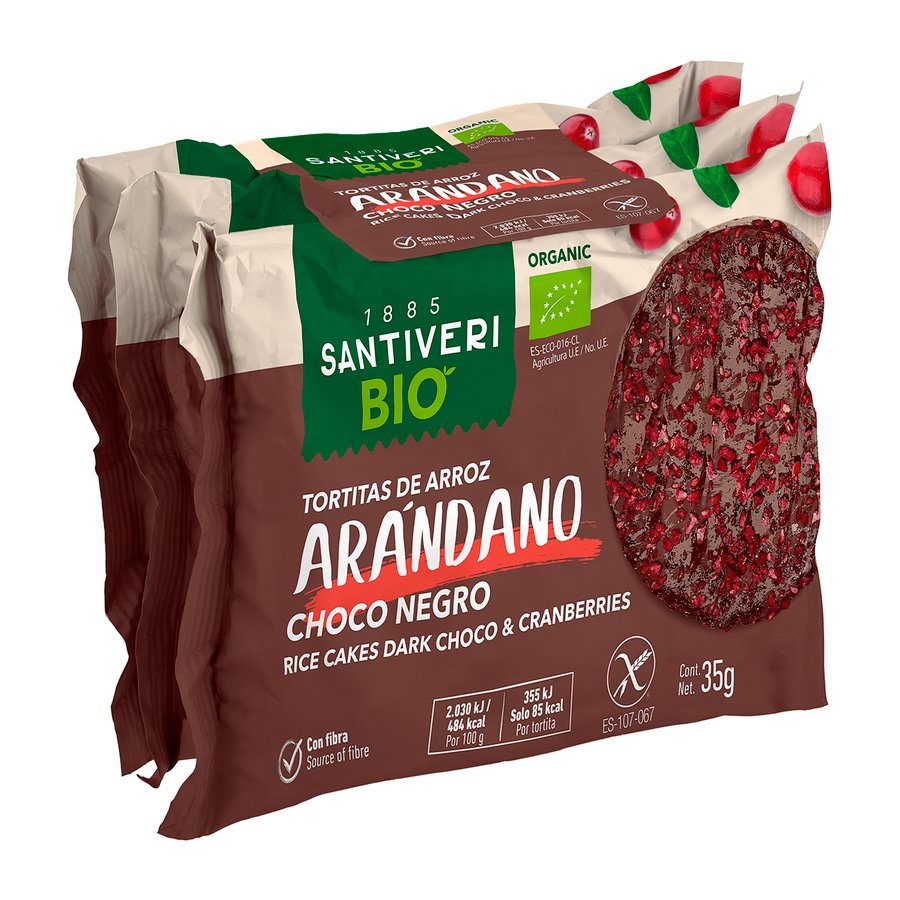 Tortita arroz chocolate negro arándano bio SANTIVERI paquete 3x100 g