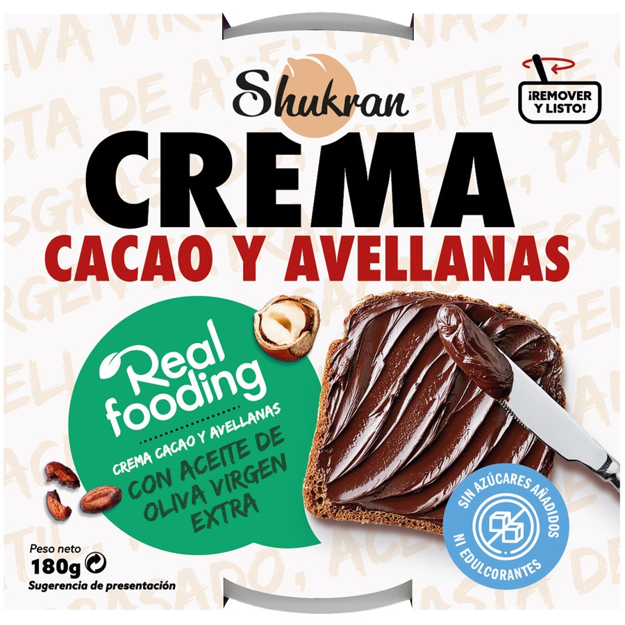 Crema de cacao SHUKRAN sin azucar añadido y sin edulcorantes tarrina 200 g