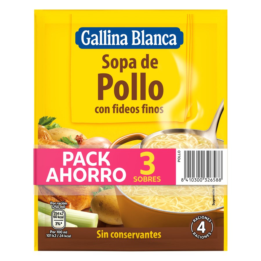 Sopa de pollo con fideos finos GALLINA BLANCA sobre 3x71 g