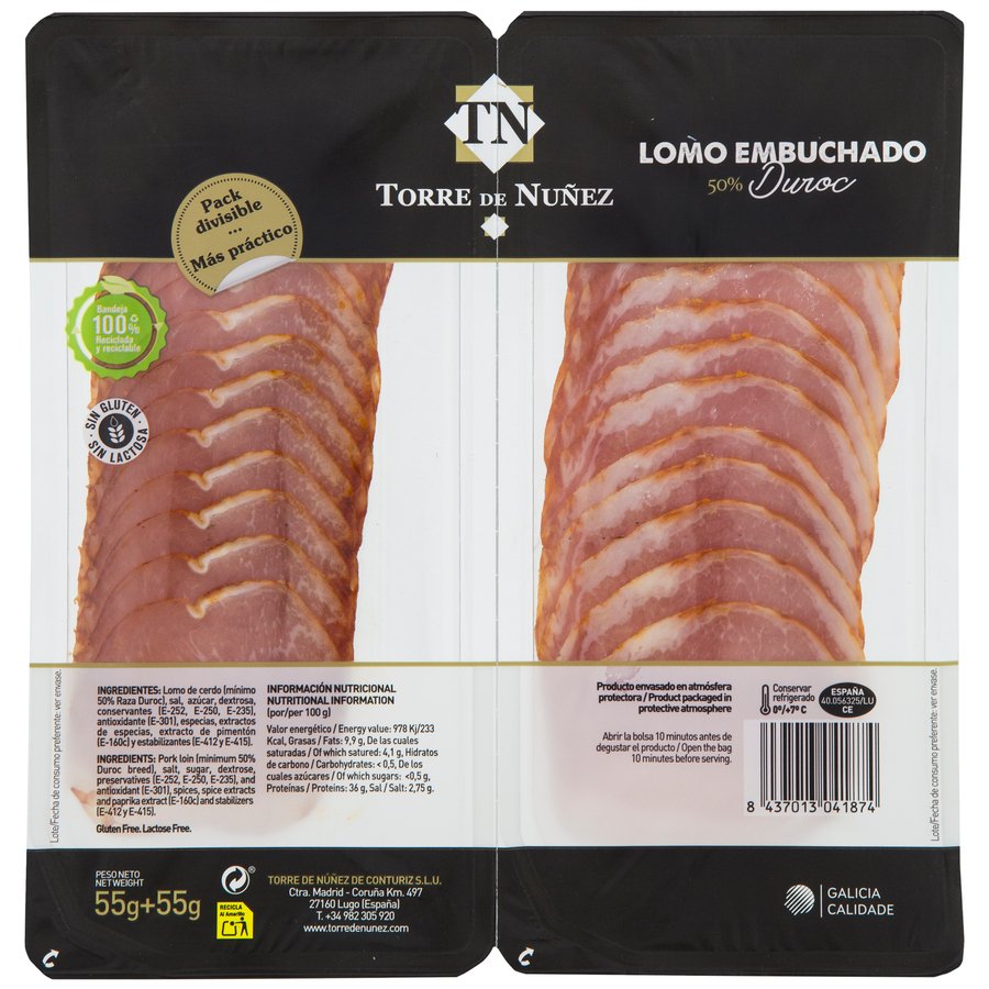 Lomo embuchado TORRE NUÑEZ 50% Duroc lonchas pack 2x55 g