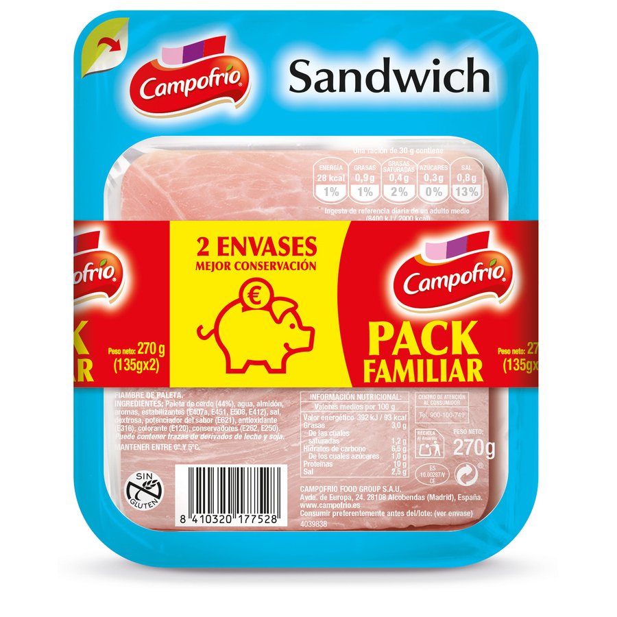 Fiambre sándwich CAMPOFRIO pack familiar 2x135 g