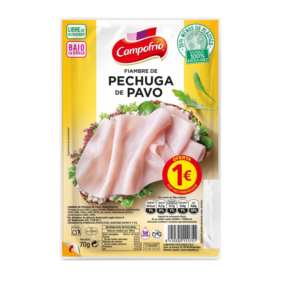 Fiambre de pechuga de pavo CAMPOFRIO lonchas 70 g