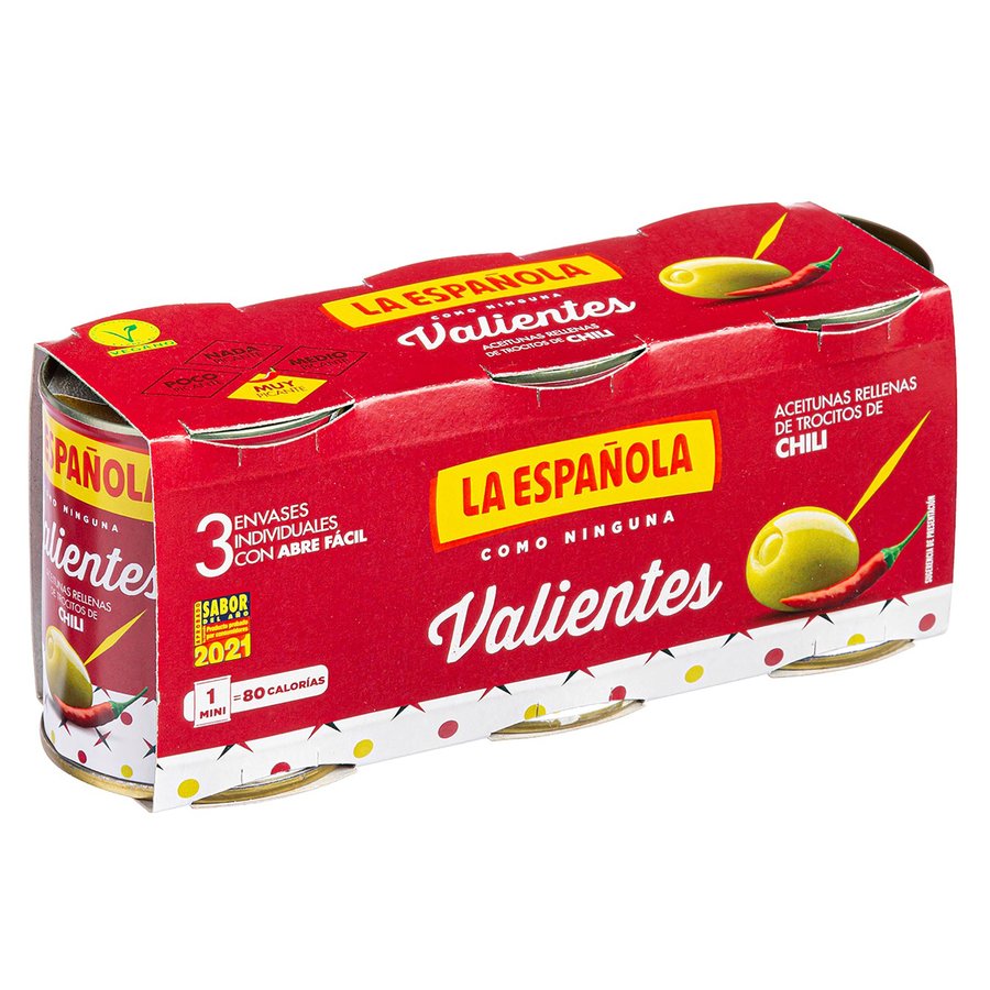 Aceituna LA ESPAÑOLA Valientes rellenas de trocitos de chili pack 3x50 g pne.