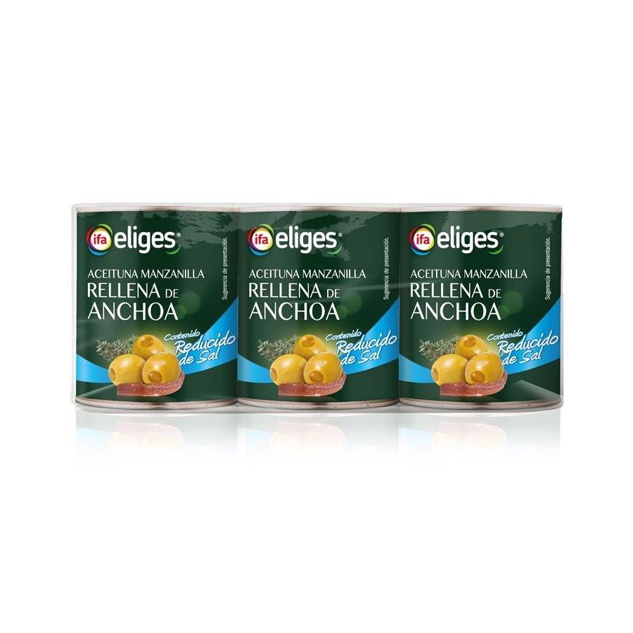 Aceituna rellena anchoa reducida en sal IFA ELIGES lata 3X50 g pne.