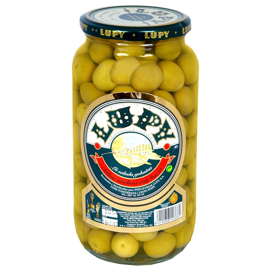 Aceituna con hueso manzanilla LUPY sabor anchoa frasco 550 g pne.