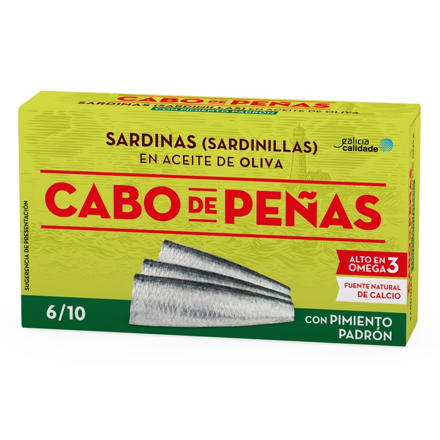 Sardinillas en aceite de oliva con pimientos de Padrón CABO DE PEÑAS 85 g pn.